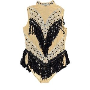 Glamour Costumes | Beaded Fringe Bodysuit Nude Crystal Black Accents, Size MA